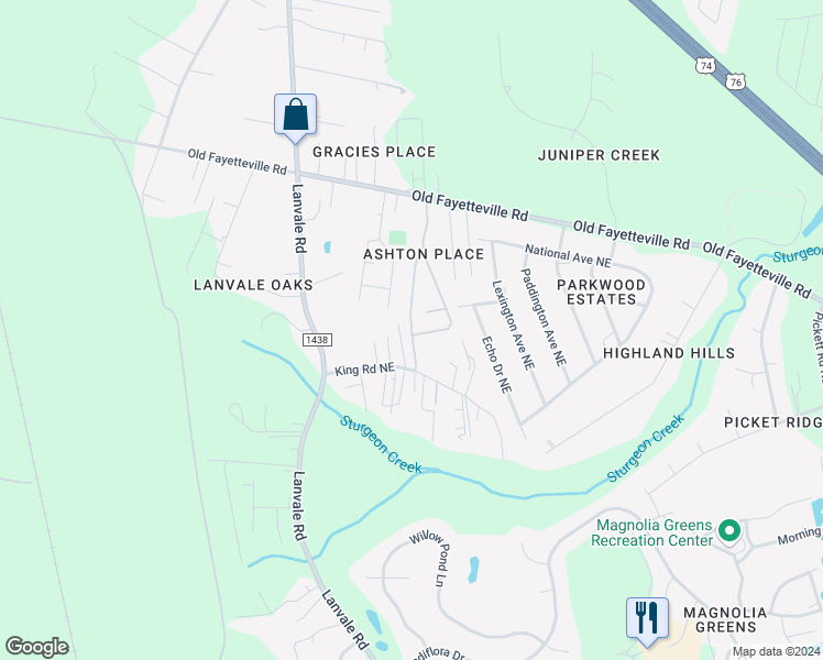 map of restaurants, bars, coffee shops, grocery stores, and more near 1239 Dunlop Drive Northeast in Leland