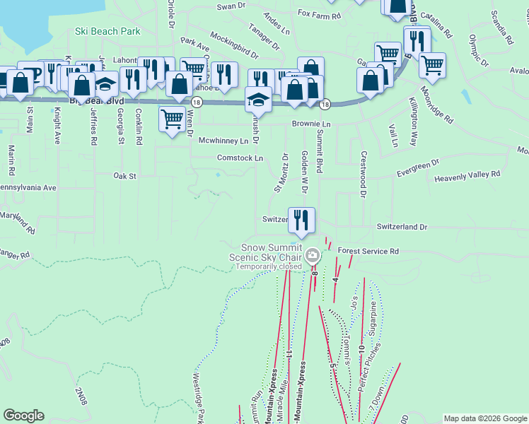 map of restaurants, bars, coffee shops, grocery stores, and more near 794 Saint Moritz Drive in Big Bear Lake