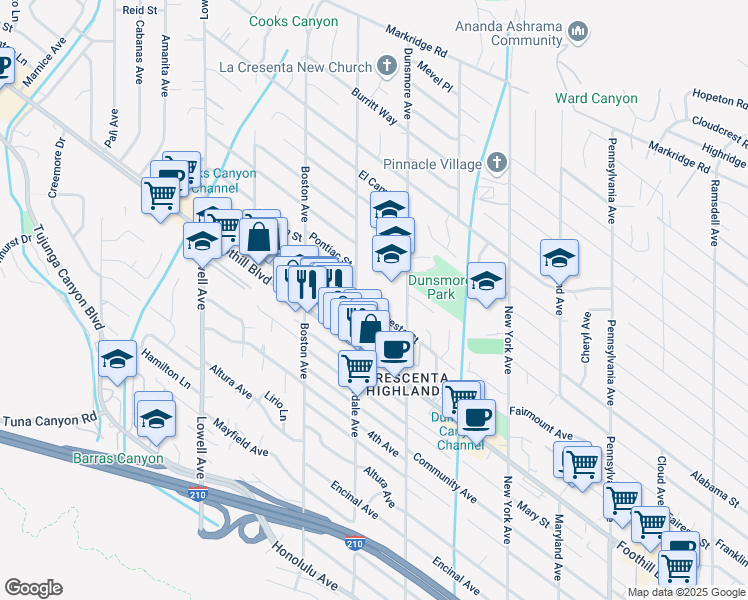 map of restaurants, bars, coffee shops, grocery stores, and more near 3645 Fairesta Street in Glendale