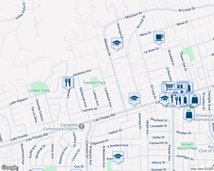 map of restaurants, bars, coffee shops, grocery stores, and more near 2024 Lyndhurst Avenue in Camarillo