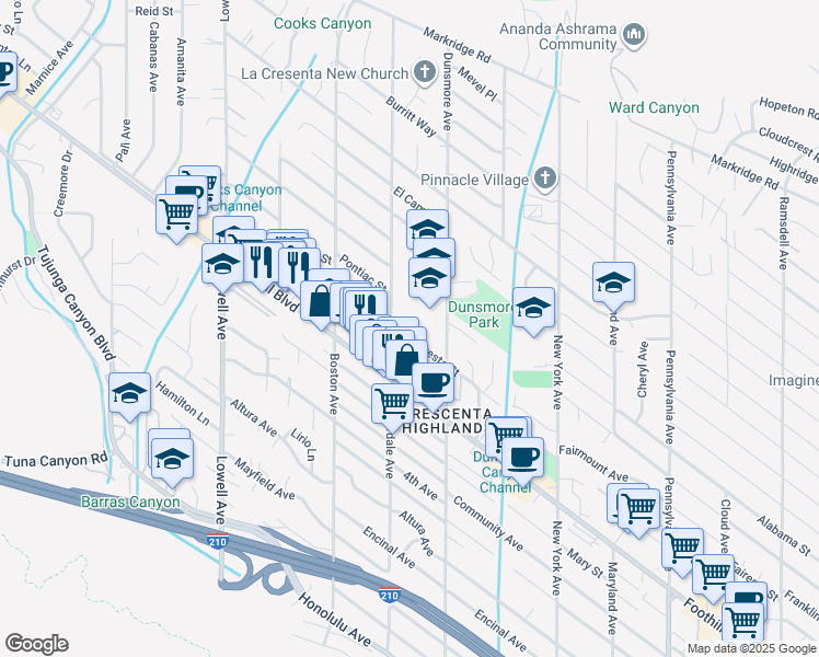 map of restaurants, bars, coffee shops, grocery stores, and more near 3645 Fairesta Street in Glendale