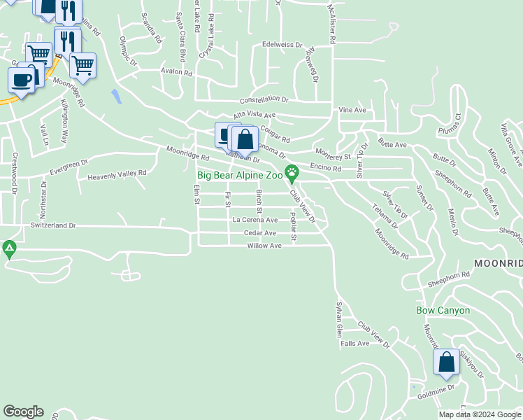 map of restaurants, bars, coffee shops, grocery stores, and more near 42697 La Placida Avenue in Big Bear Lake