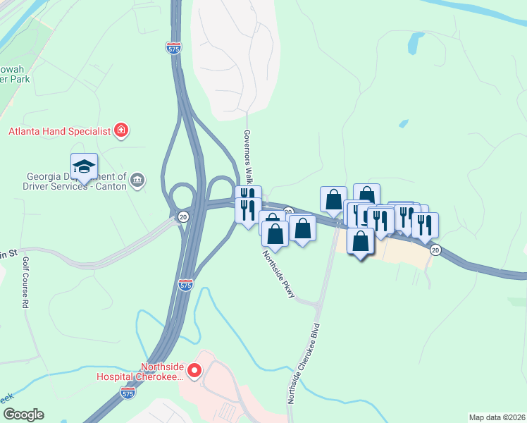 map of restaurants, bars, coffee shops, grocery stores, and more near 3004 Northside Parkway in Canton