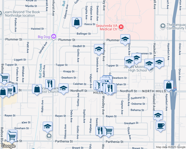 map of restaurants, bars, coffee shops, grocery stores, and more near 9161 Swinton Avenue in Los Angeles