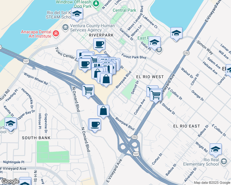 map of restaurants, bars, coffee shops, grocery stores, and more near 361 American River Court in Oxnard
