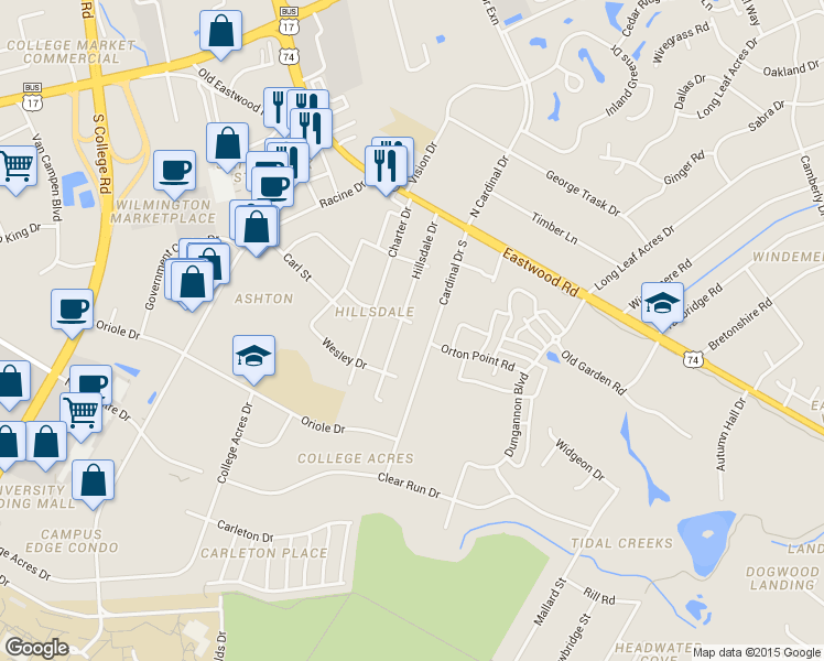 map of restaurants, bars, coffee shops, grocery stores, and more near 211 Hillsdale Drive in Wilmington