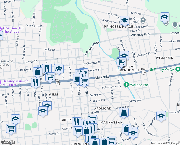 map of restaurants, bars, coffee shops, grocery stores, and more near 1-99 N 18th St in Wilmington