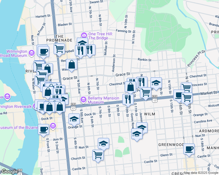 map of restaurants, bars, coffee shops, grocery stores, and more near 819 Princess Street in Wilmington