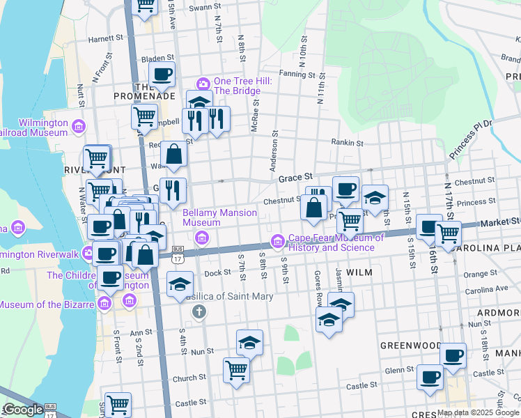 map of restaurants, bars, coffee shops, grocery stores, and more near 713 Princess Street in Wilmington
