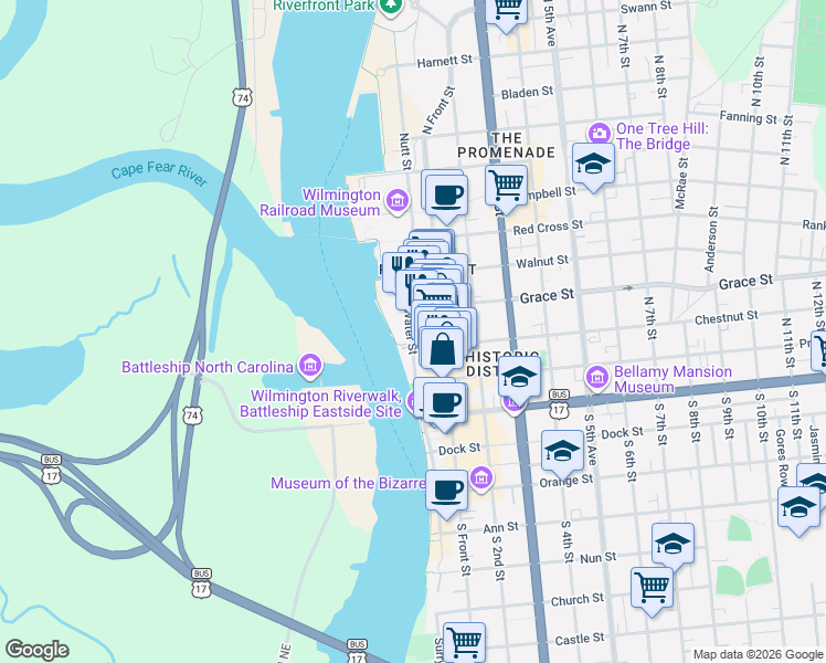 map of restaurants, bars, coffee shops, grocery stores, and more near 112 North Water Street in Wilmington