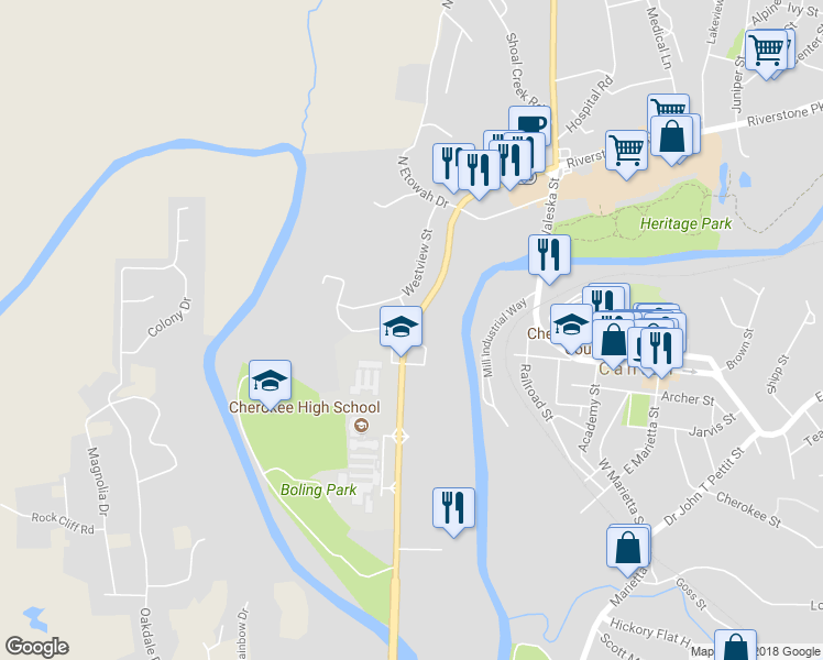 map of restaurants, bars, coffee shops, grocery stores, and more near 630 Marietta Highway in Canton