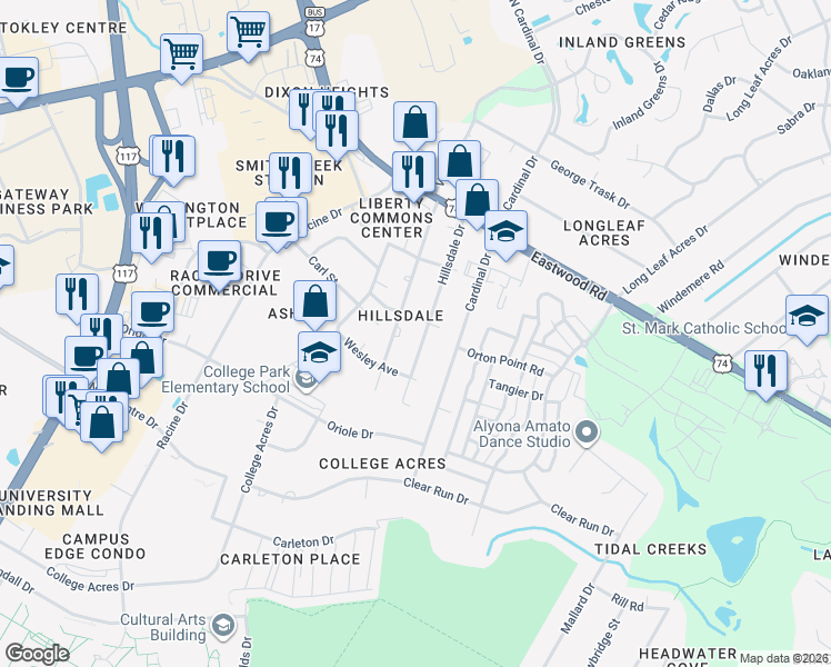 map of restaurants, bars, coffee shops, grocery stores, and more near 206 Hillsdale Drive in Wilmington