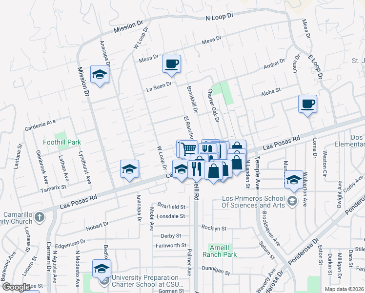 map of restaurants, bars, coffee shops, grocery stores, and more near 2270 Camilar Drive in Camarillo