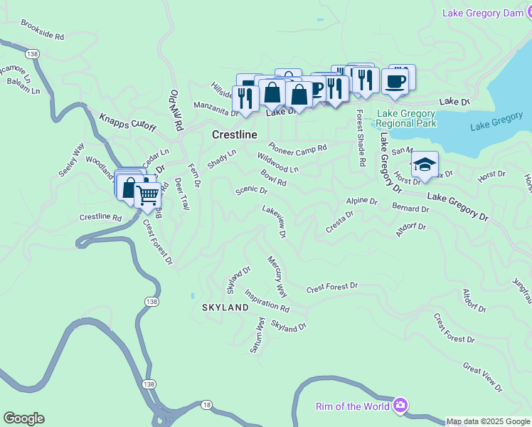 map of restaurants, bars, coffee shops, grocery stores, and more near 23833 Lakeview Drive in Crestline