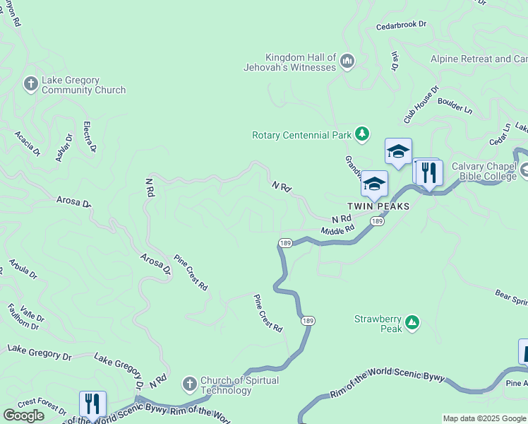 map of restaurants, bars, coffee shops, grocery stores, and more near 25648 Hi Lane in Crestline