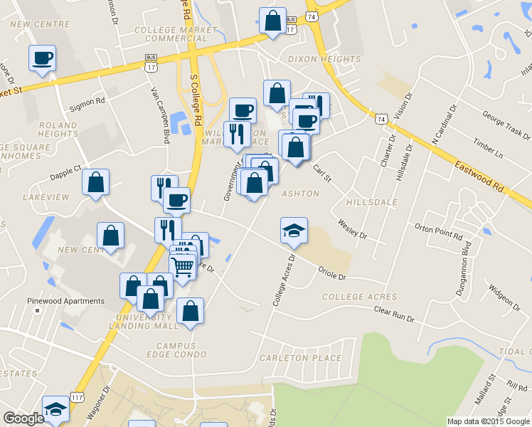 map of restaurants, bars, coffee shops, grocery stores, and more near 265 Racine Drive in Wilmington