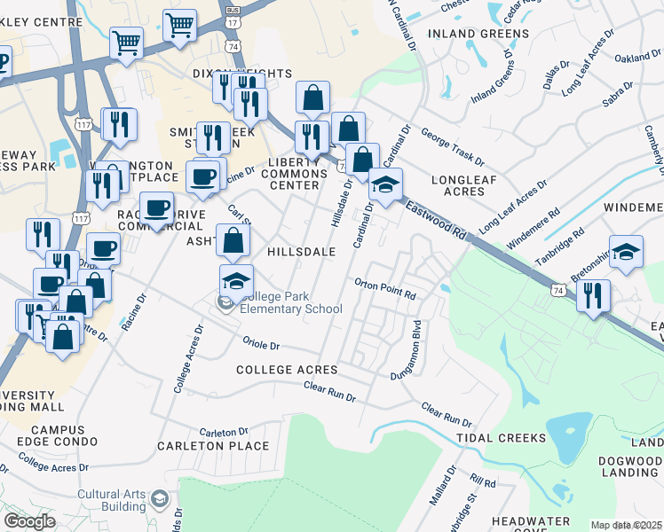 map of restaurants, bars, coffee shops, grocery stores, and more near 211 Hillsdale Drive in Wilmington