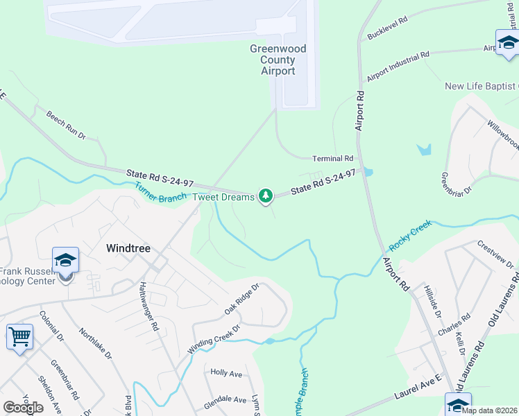 map of restaurants, bars, coffee shops, grocery stores, and more near 108 Larkspur Lane in Greenwood