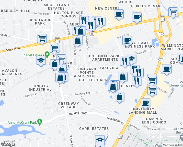 map of restaurants, bars, coffee shops, grocery stores, and more near 215 Durango Place in Wilmington
