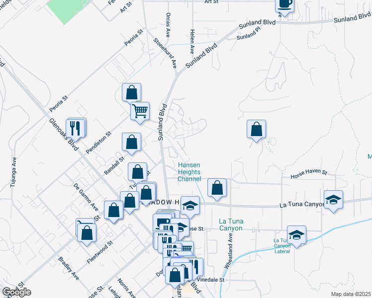 map of restaurants, bars, coffee shops, grocery stores, and more near 9325 Sunland Park Drive in Los Angeles