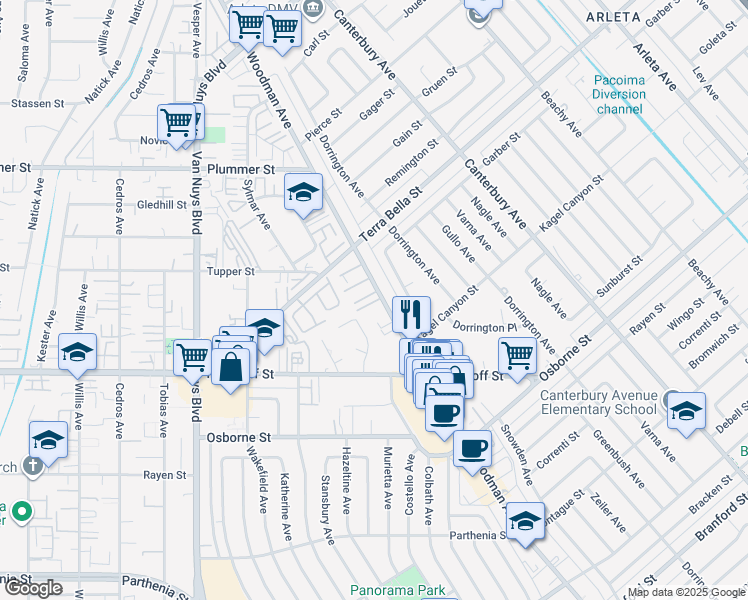 map of restaurants, bars, coffee shops, grocery stores, and more near 9235 Woodman Avenue in Los Angeles