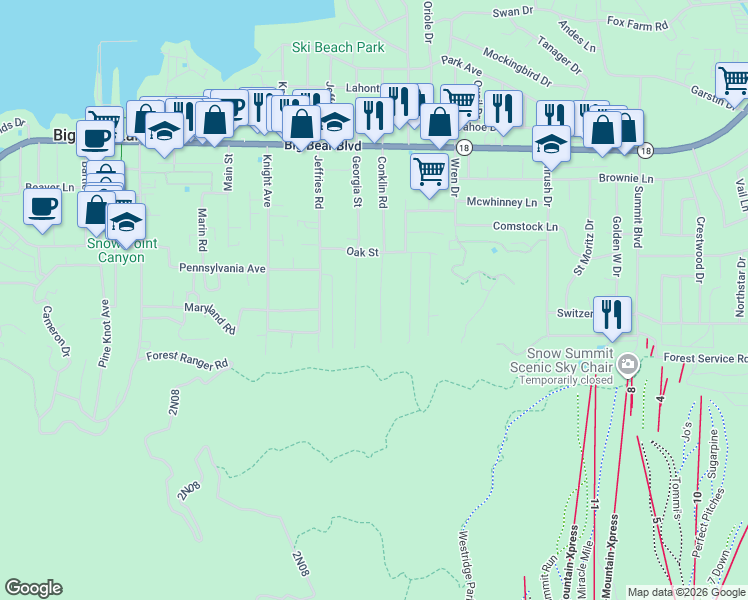 map of restaurants, bars, coffee shops, grocery stores, and more near 802 Conklin Road in Big Bear Lake