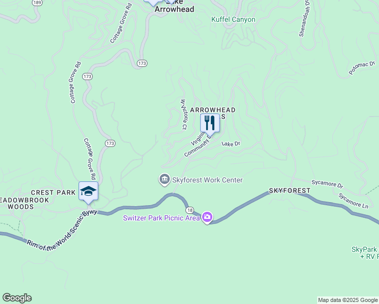 map of restaurants, bars, coffee shops, grocery stores, and more near 832 Community Dr in Lake Arrowhead