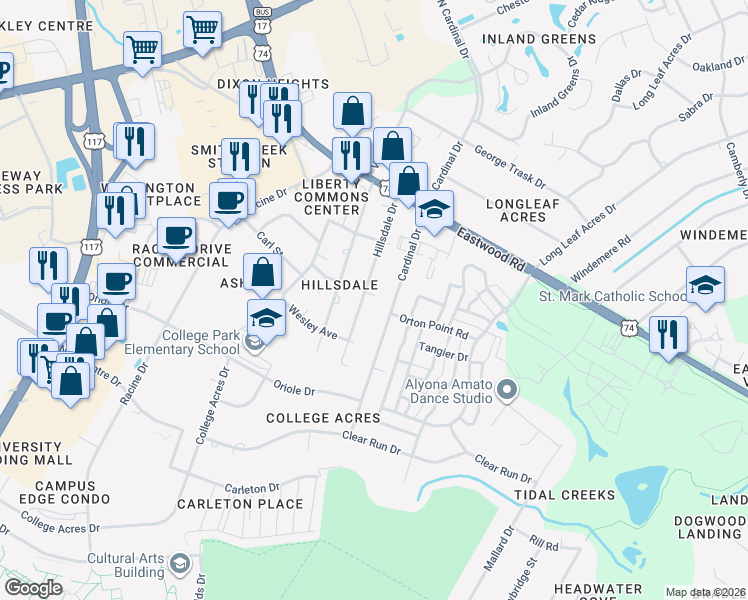 map of restaurants, bars, coffee shops, grocery stores, and more near 211 Hillsdale Drive in Wilmington