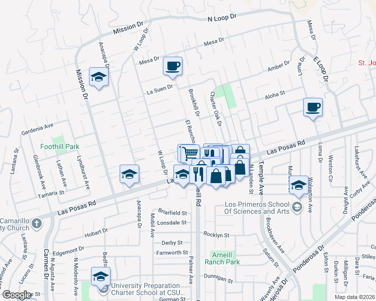 map of restaurants, bars, coffee shops, grocery stores, and more near 2280 Camilar Drive in Camarillo