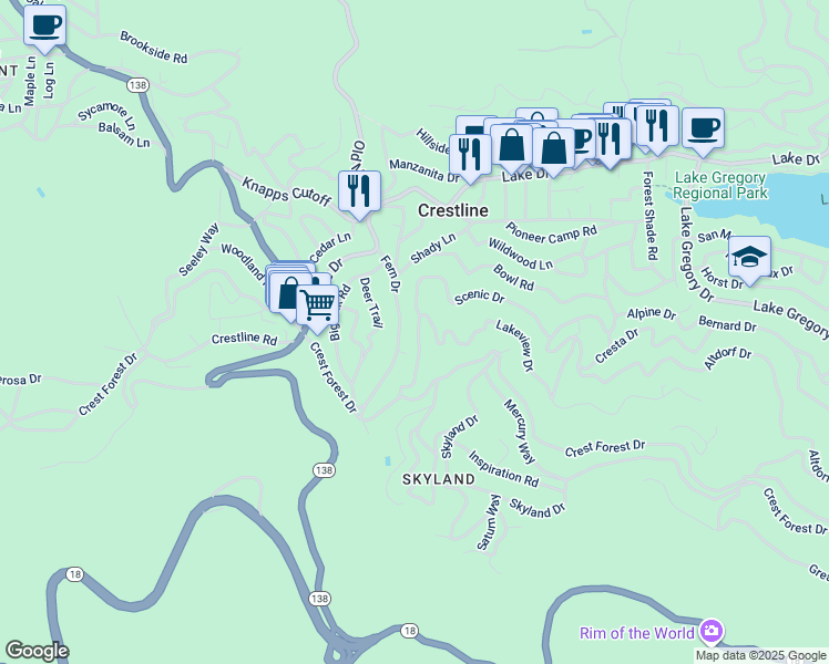 map of restaurants, bars, coffee shops, grocery stores, and more near 23668 Scenic Drive in Crestline