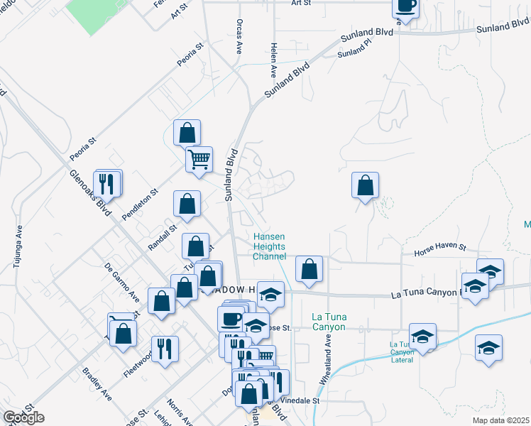map of restaurants, bars, coffee shops, grocery stores, and more near 9325 Sunland Park Drive in Los Angeles