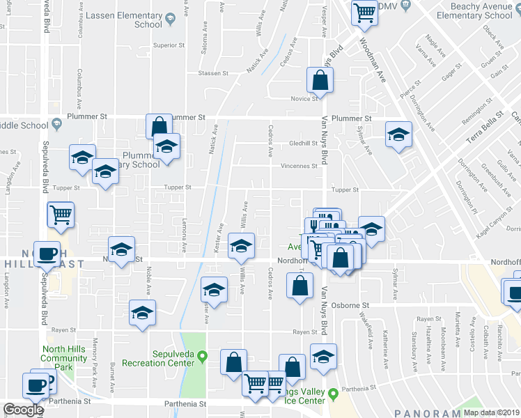 map of restaurants, bars, coffee shops, grocery stores, and more near 9233 Cedros Avenue in Los Angeles