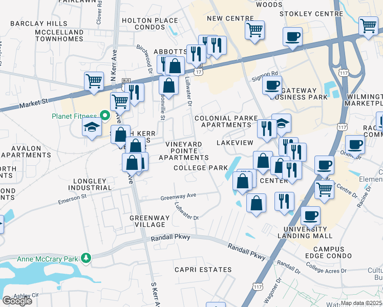 map of restaurants, bars, coffee shops, grocery stores, and more near 210 Durango Place in Wilmington