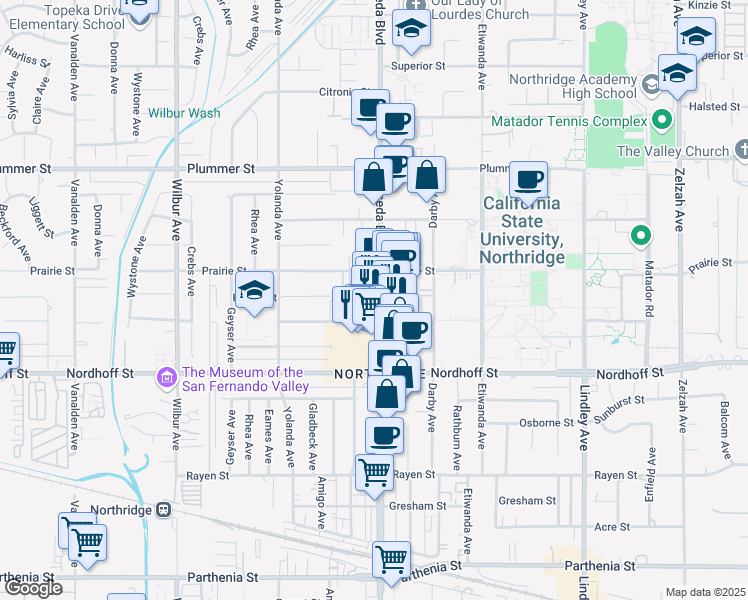map of restaurants, bars, coffee shops, grocery stores, and more near 9218 Reseda Boulevard in Los Angeles