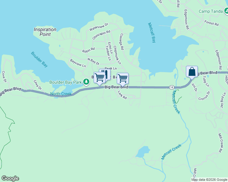 map of restaurants, bars, coffee shops, grocery stores, and more near 821 Lark Trail in Big Bear Lake