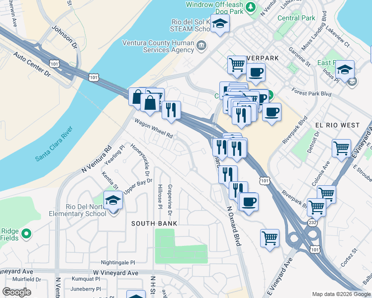 map of restaurants, bars, coffee shops, grocery stores, and more near 350 Cactus Drive in Oxnard