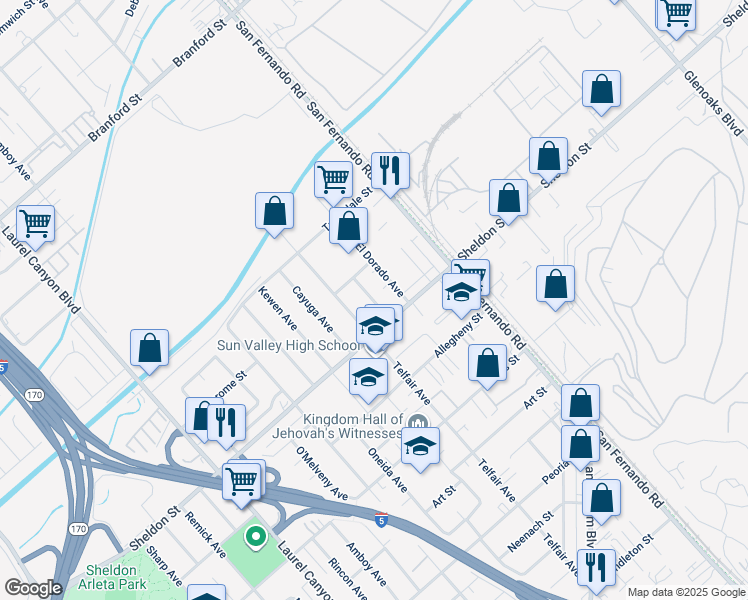 map of restaurants, bars, coffee shops, grocery stores, and more near 12095 Sheldon Street in Los Angeles