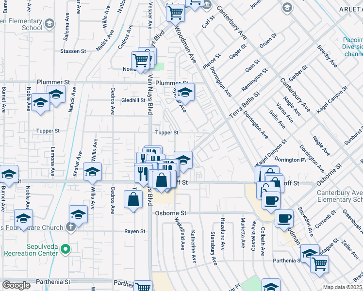 map of restaurants, bars, coffee shops, grocery stores, and more near 14445 Terra Bella Street in Los Angeles