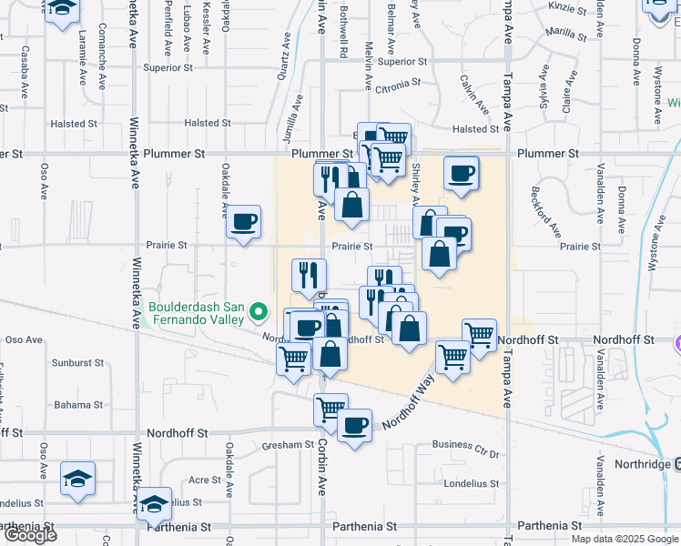 map of restaurants, bars, coffee shops, grocery stores, and more near 9222 Corbin Avenue in Los Angeles