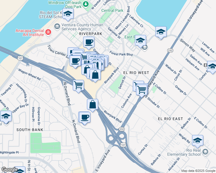 map of restaurants, bars, coffee shops, grocery stores, and more near 361 American River Court in Oxnard