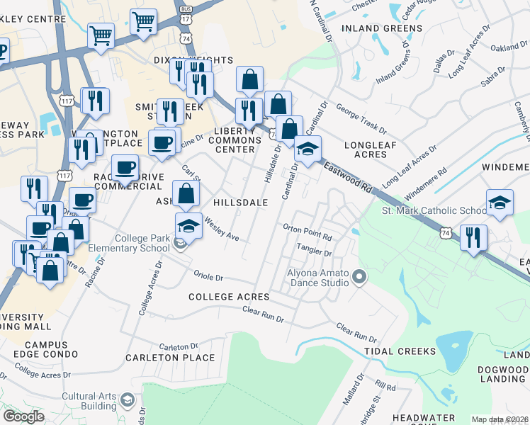 map of restaurants, bars, coffee shops, grocery stores, and more near 211 Hillsdale Drive in Wilmington