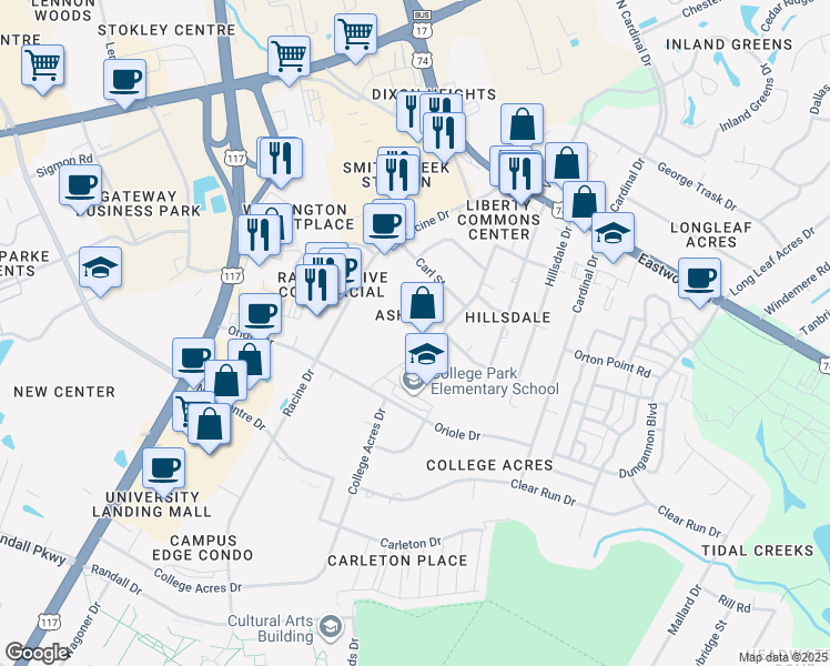 map of restaurants, bars, coffee shops, grocery stores, and more near 233 Racine Drive in Wilmington