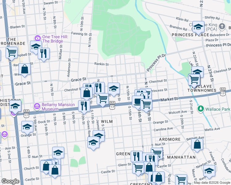map of restaurants, bars, coffee shops, grocery stores, and more near 1307 Market Street in Wilmington