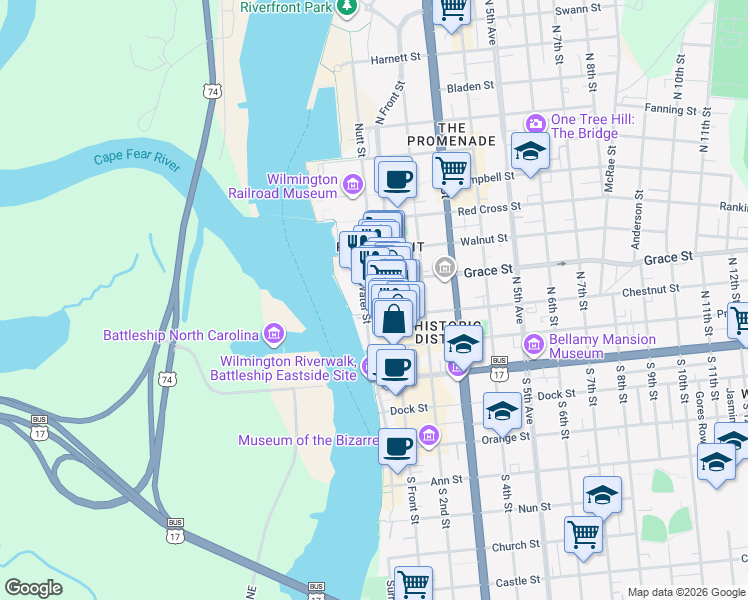 map of restaurants, bars, coffee shops, grocery stores, and more near 112 North Water Street in Wilmington