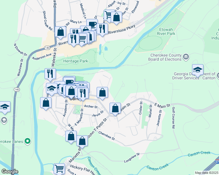 map of restaurants, bars, coffee shops, grocery stores, and more near 191 Brown Street in Canton