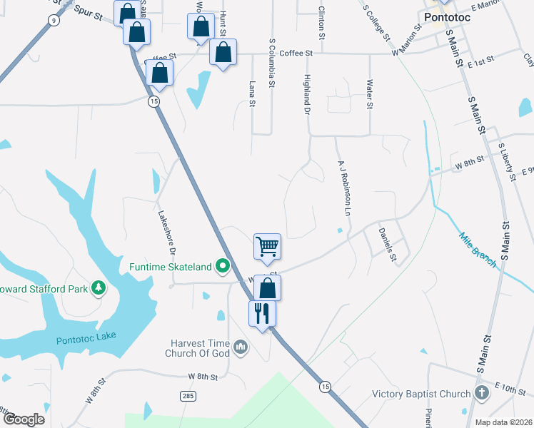 map of restaurants, bars, coffee shops, grocery stores, and more near 266 West 8th Street in Pontotoc