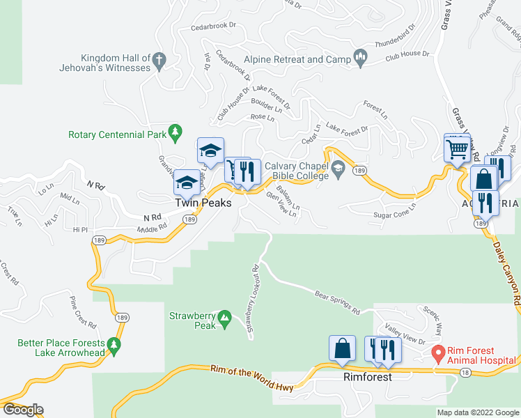 map of restaurants, bars, coffee shops, grocery stores, and more near 873 Bear Springs Road in Twin Peaks