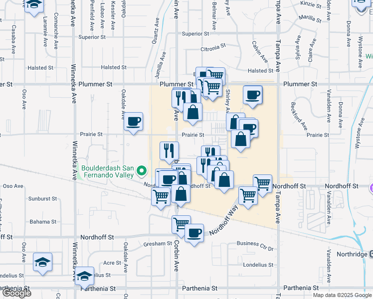 map of restaurants, bars, coffee shops, grocery stores, and more near 9222 Corbin Avenue in Los Angeles