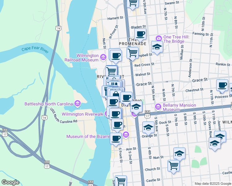 map of restaurants, bars, coffee shops, grocery stores, and more near 201 North Front Street in Wilmington
