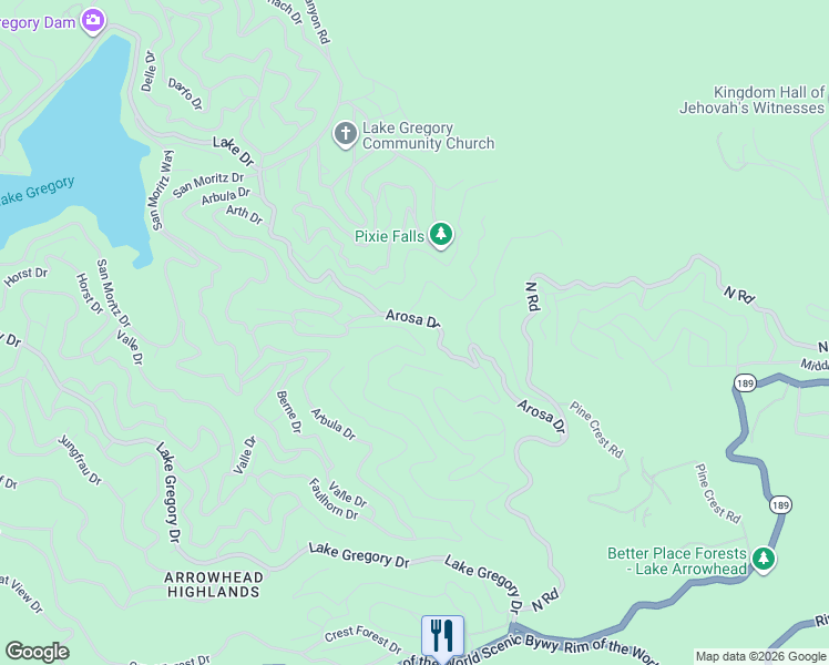 map of restaurants, bars, coffee shops, grocery stores, and more near Saxon Drive in Crestline
